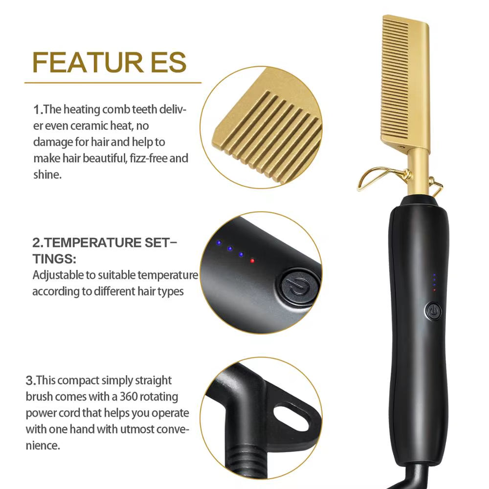 2 In1 Hot Comb Hair Straightener Electric Heating Comb Fast Heating Portable Travel Anti-Scald Beard Straightener Press Hot Comb