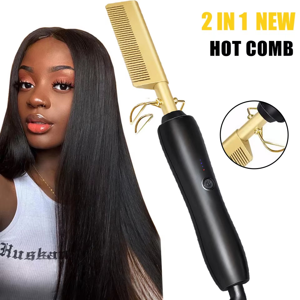 2 In1 Hot Comb Hair Straightener Electric Heating Comb Fast Heating Portable Travel Anti-Scald Beard Straightener Press Hot Comb