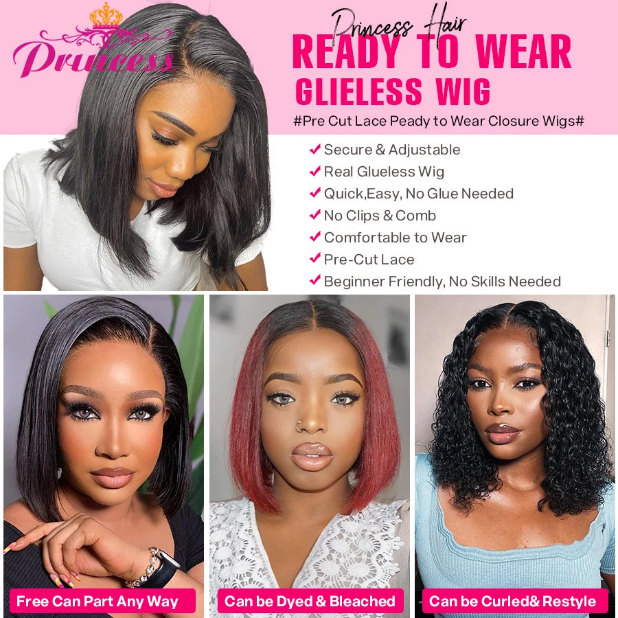 Princess Hair Glueless Wig Human Hair Ready to Wear 13X4 Short Bob Wig Lace Front Human Hair Wigs Pre Plucked Straight Wig