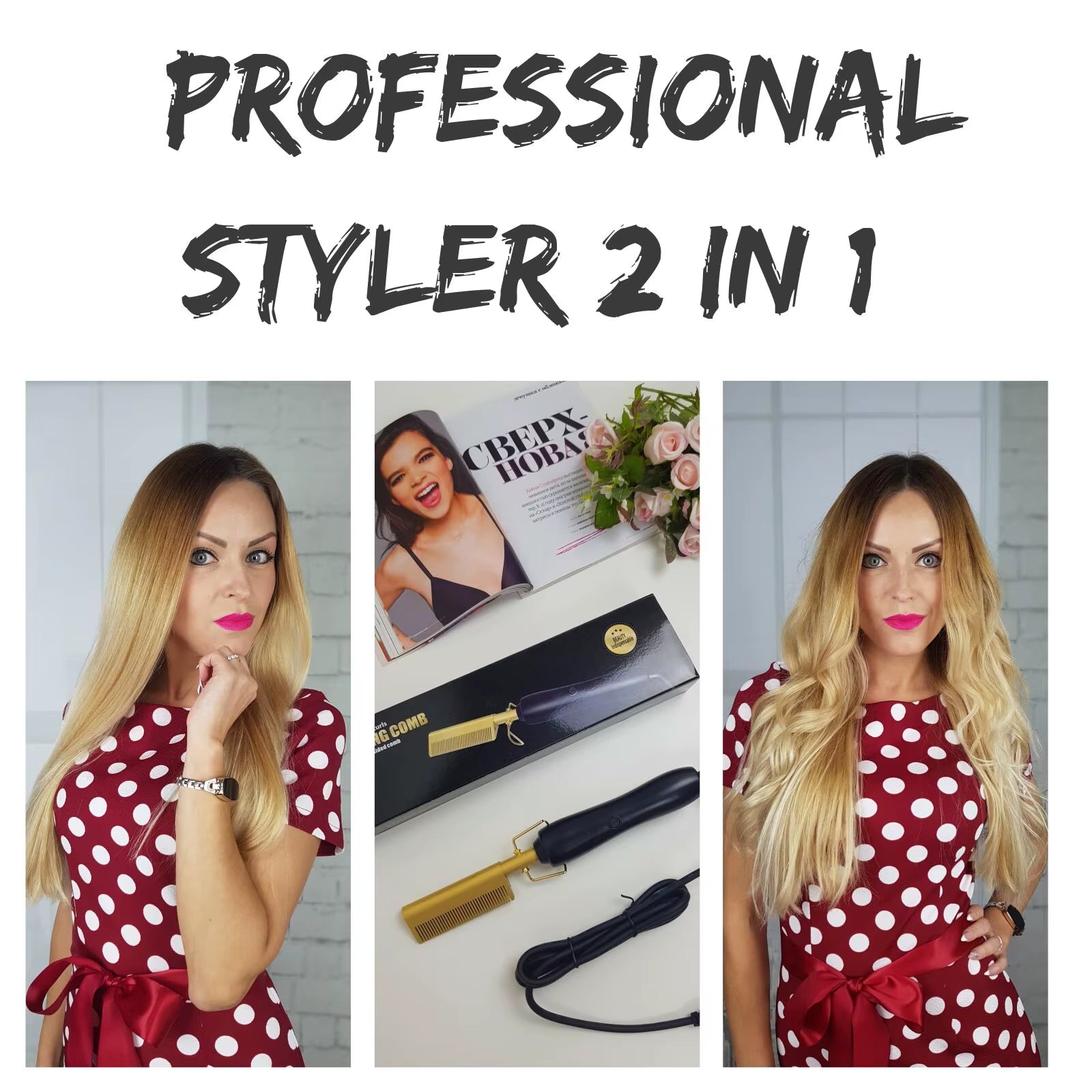 2 In1 Hot Comb Hair Straightener Electric Heating Comb Fast Heating Portable Travel Anti-Scald Beard Straightener Press Hot Comb